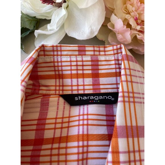 Sharagano Womens Ruffled Retro Madras Plaid Button Shirt M Preppy Cottagecore - Picture 6 of 10